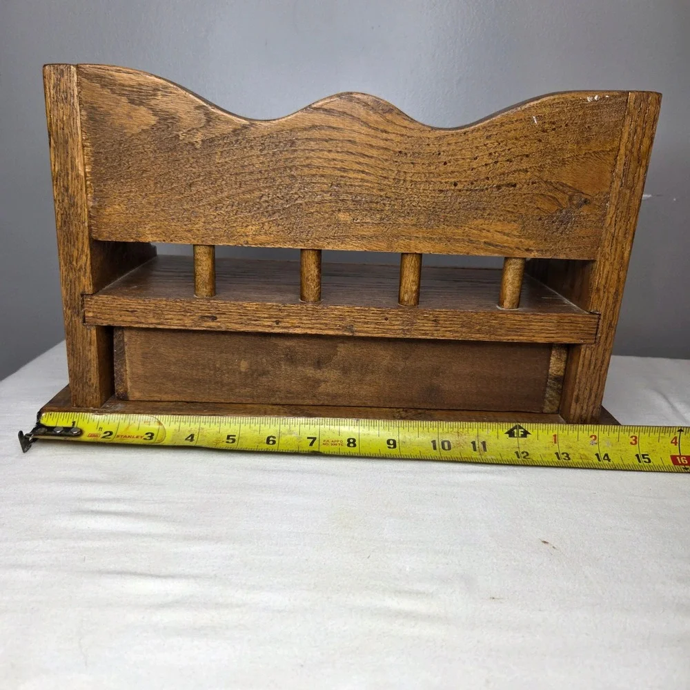 Vtg Style Solid Oak Wood Desk Organizer Mail Sorter Spice Rack w/ Drawer